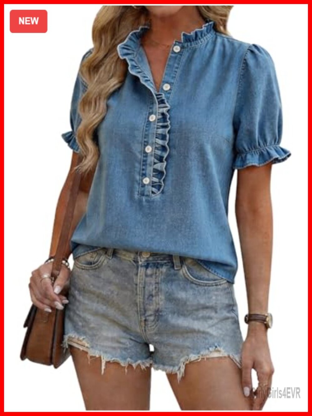 Womens Ruffle Denim Blouse Puff Sleeve V Neck Button Down Jean Top